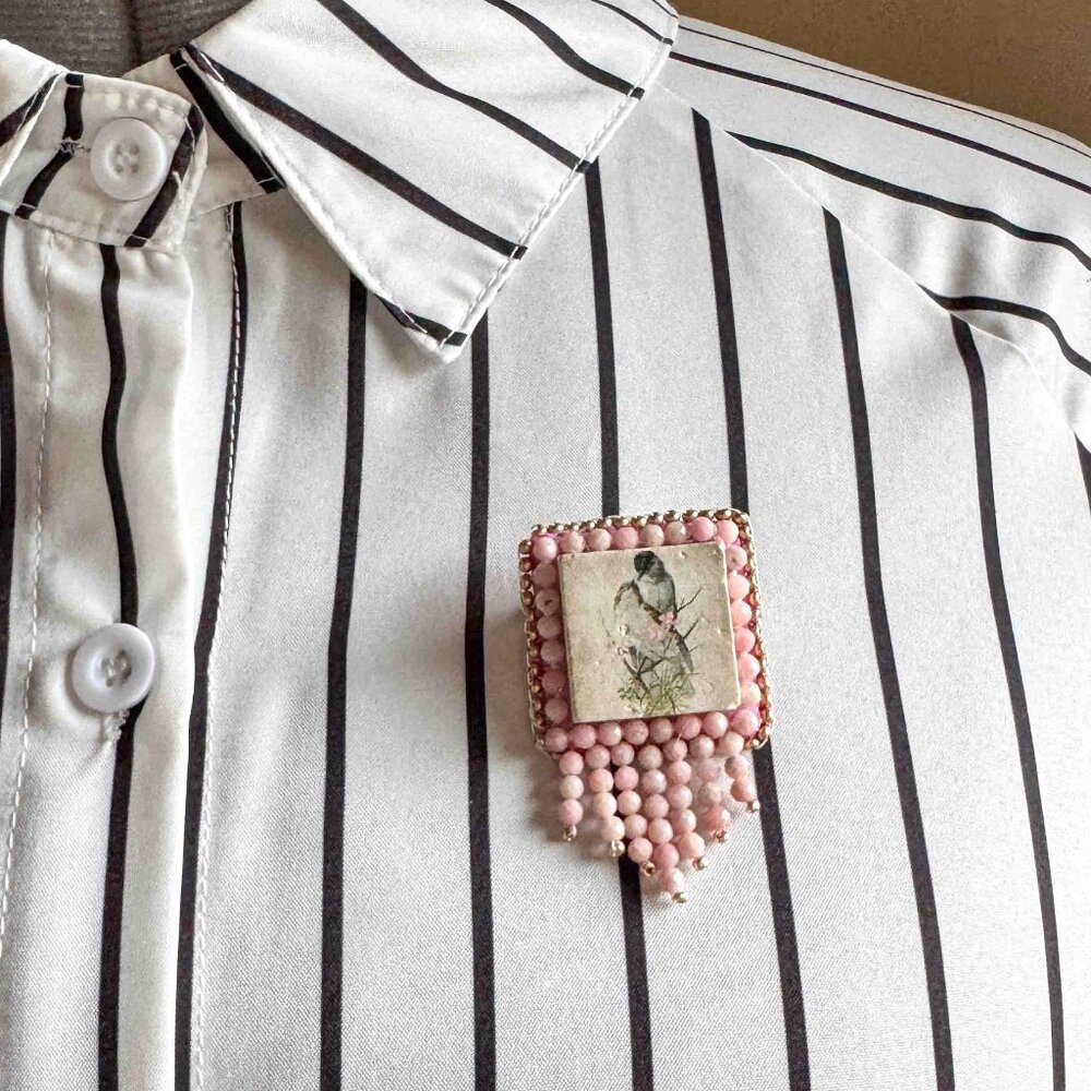 Handmade Pink Beaded Bird Brooch Vintage Style Statement Pin
